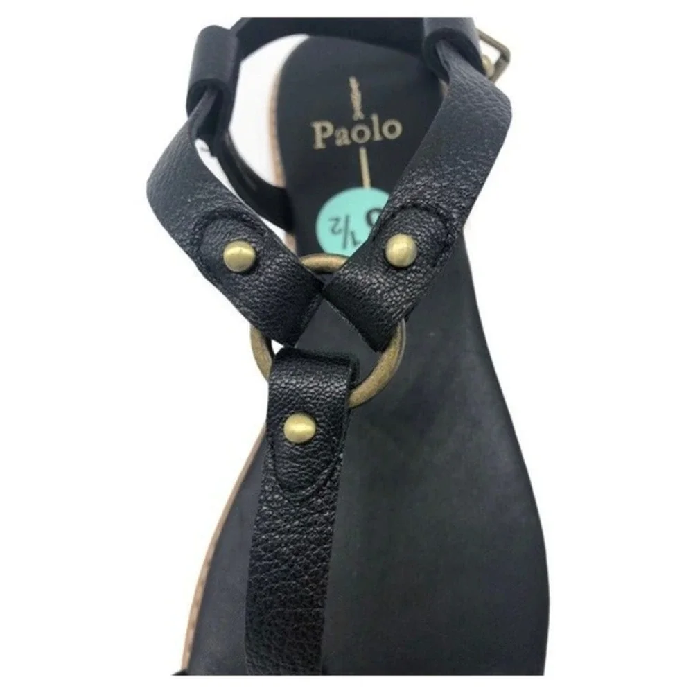 Linea Paolo Black Pebbled Leather Toe‎ Loop Flat Sandals Womens 8.5